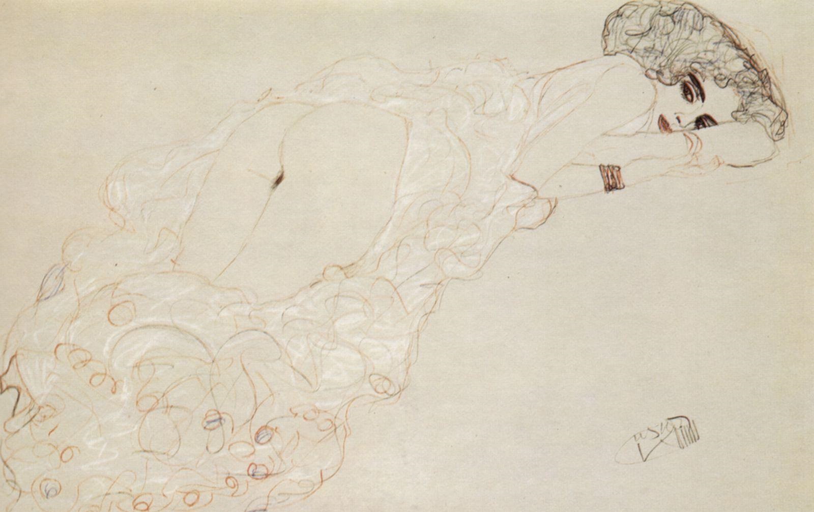 Gustav Klimt - Reclining Nude Lying on Her Stomach and Facing Right 1910